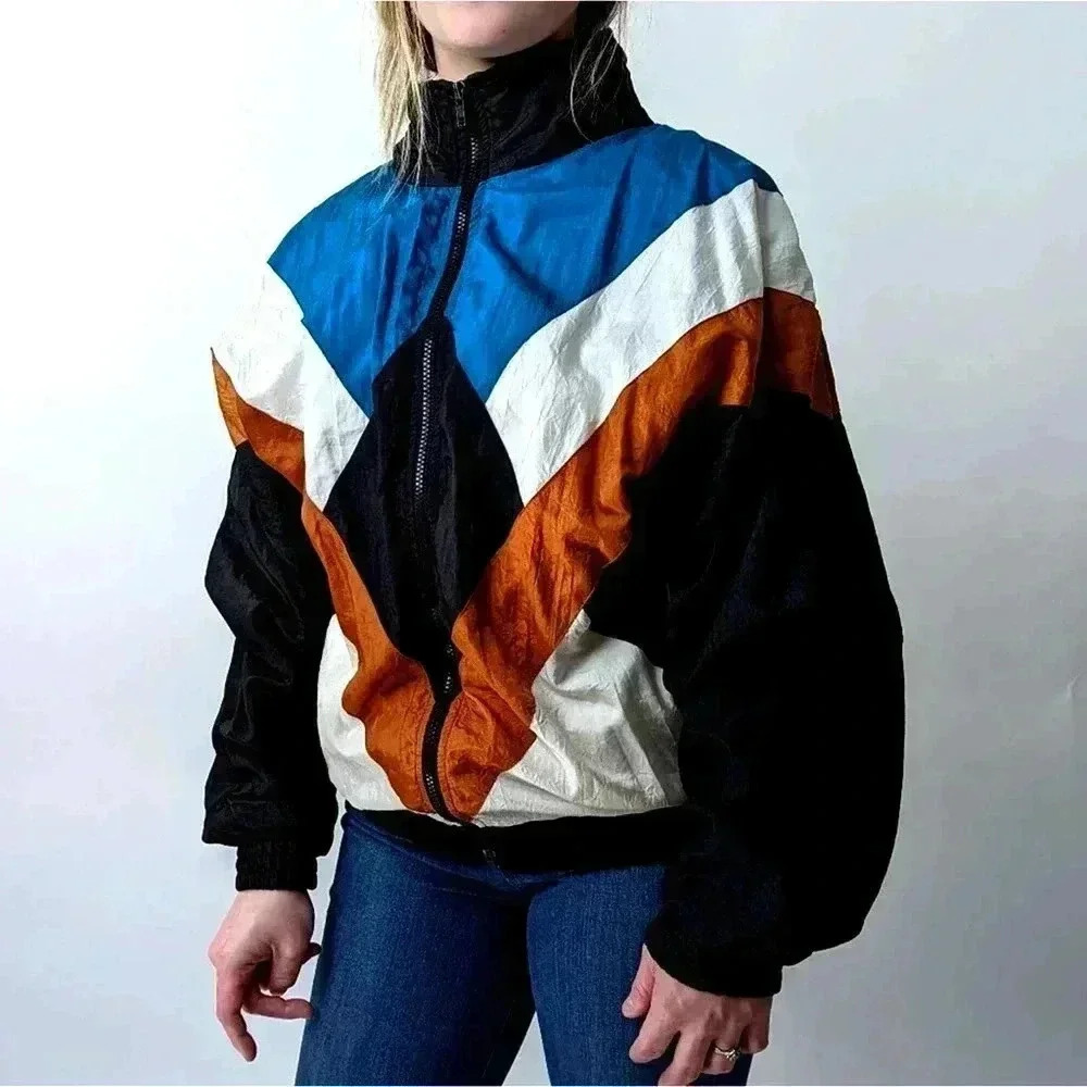 Vintage 90s Jersey Lined Color Block Geometric Track Jacket Windbreaker - M